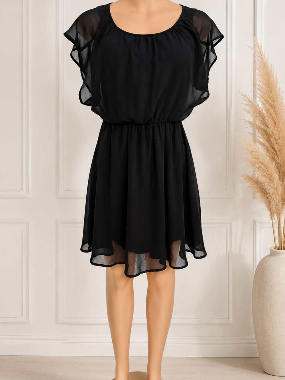 Black Flutter Sleeve Chiffon Dress - Elegant Women's Dress Size S